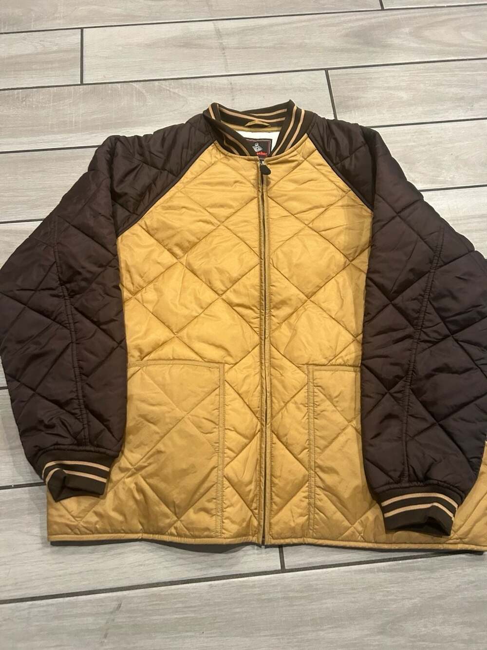 Foot Locker Quilted Bomber Jacket Size L Brown Tan Zip Varsity